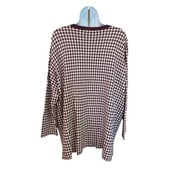 Ann Taylor V-Neck Tunic Sweater XL Burgundy Cream Houndstooth Lagenlook - Picture 3 of 8